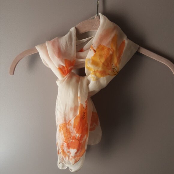 Gorgeous Silk Floral Oblong Scarf Cream with Orange and Yellow - Picture 7 of 9